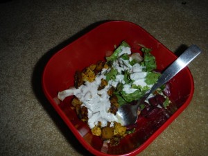 A happy little meal right on the floor of our lovely carpeted hexayurt.  Thanks Red Lightening nourishment team!