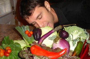 just how I like my man...in the kitchen with a big pile of veggies!